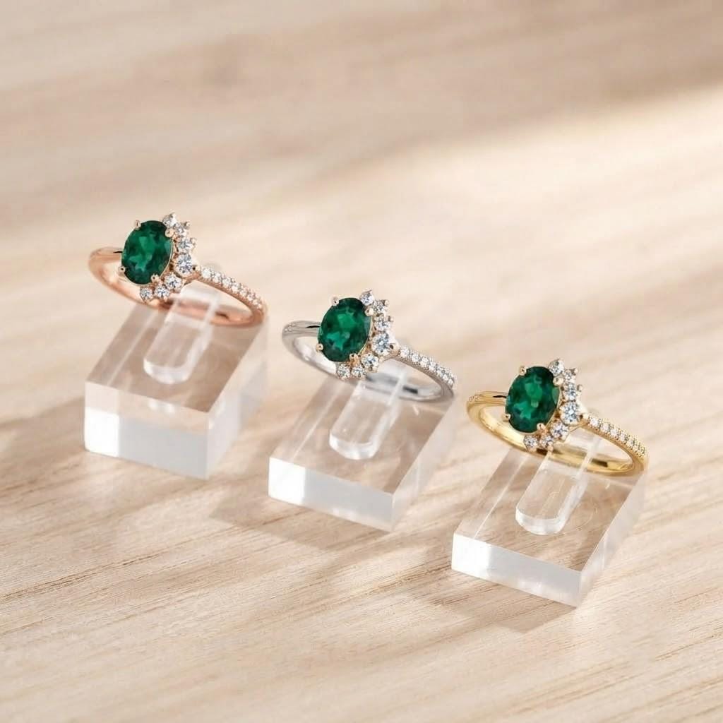 Cluster emerald and diamond engagement ring in solid gold, 9k, 14k, 18k - view 10