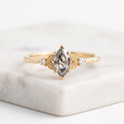 Marquise Salt and Pepper Diamond Ring, Filigree Three Stone, 9K 14K 18K Solid Gold