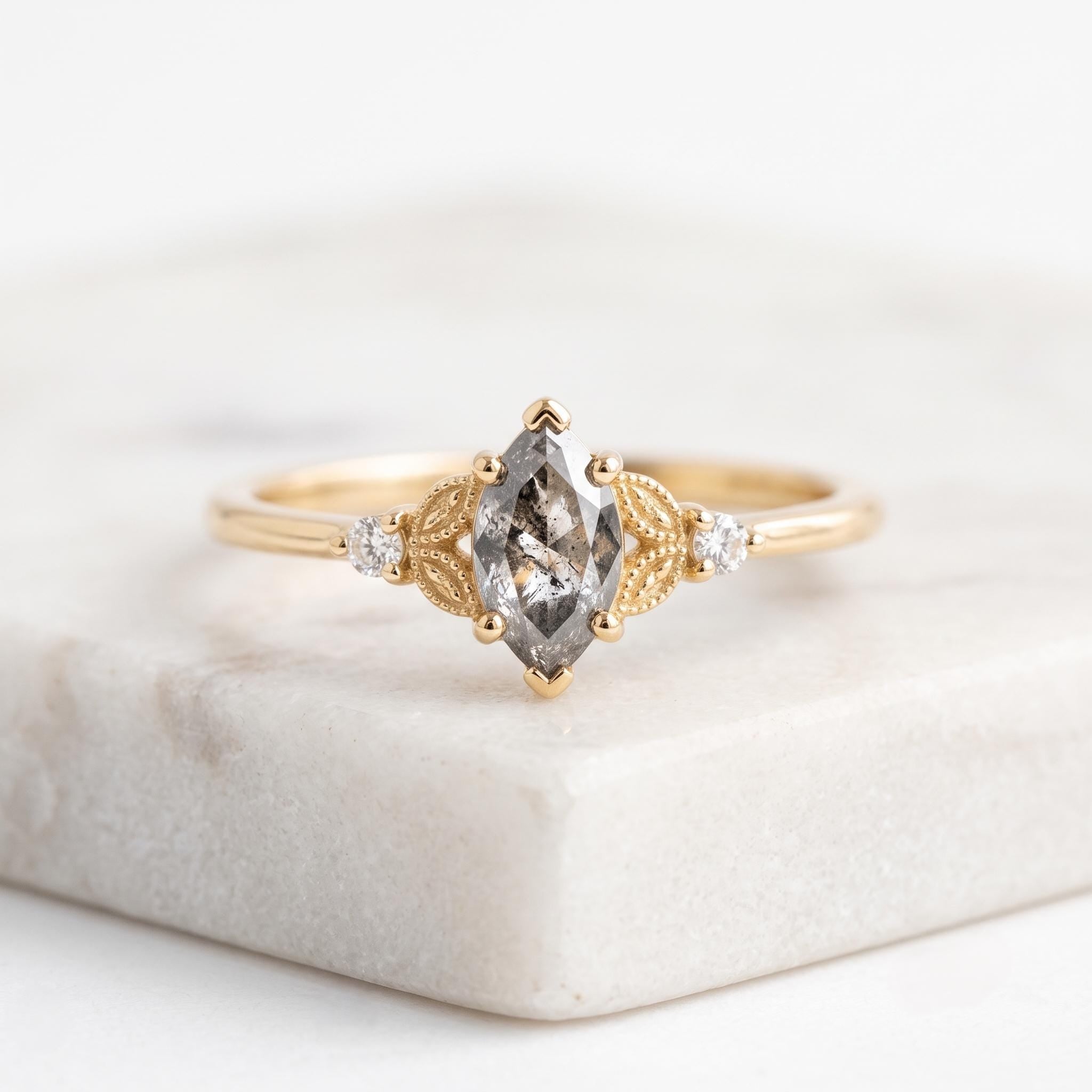 Marquise Salt and Pepper Diamond Ring, Filigree Three Stone, 9K 14K 18K Solid Gold