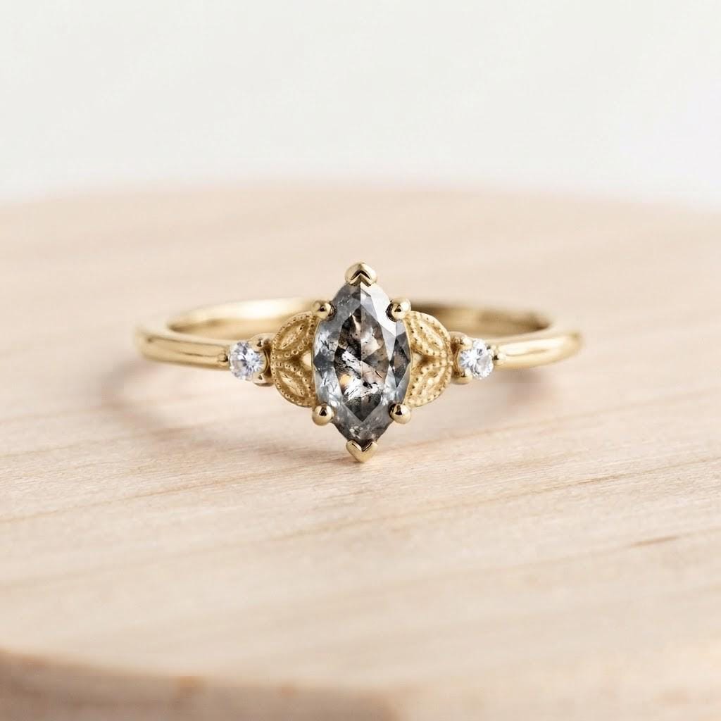 Marquise Salt and Pepper Diamond Ring, Filigree Three Stone, 9K 14K 18K Solid Gold - view 2
