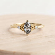 Marquise Salt and Pepper Diamond Ring, Filigree Three Stone, 9K 14K 18K Solid Gold - view 2
