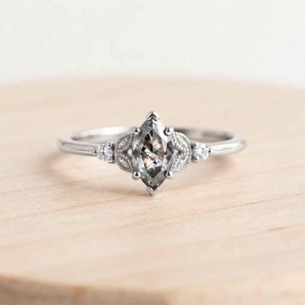 Marquise Salt and Pepper Diamond Ring, Filigree Three Stone, 9K 14K 18K Solid Gold - view 3