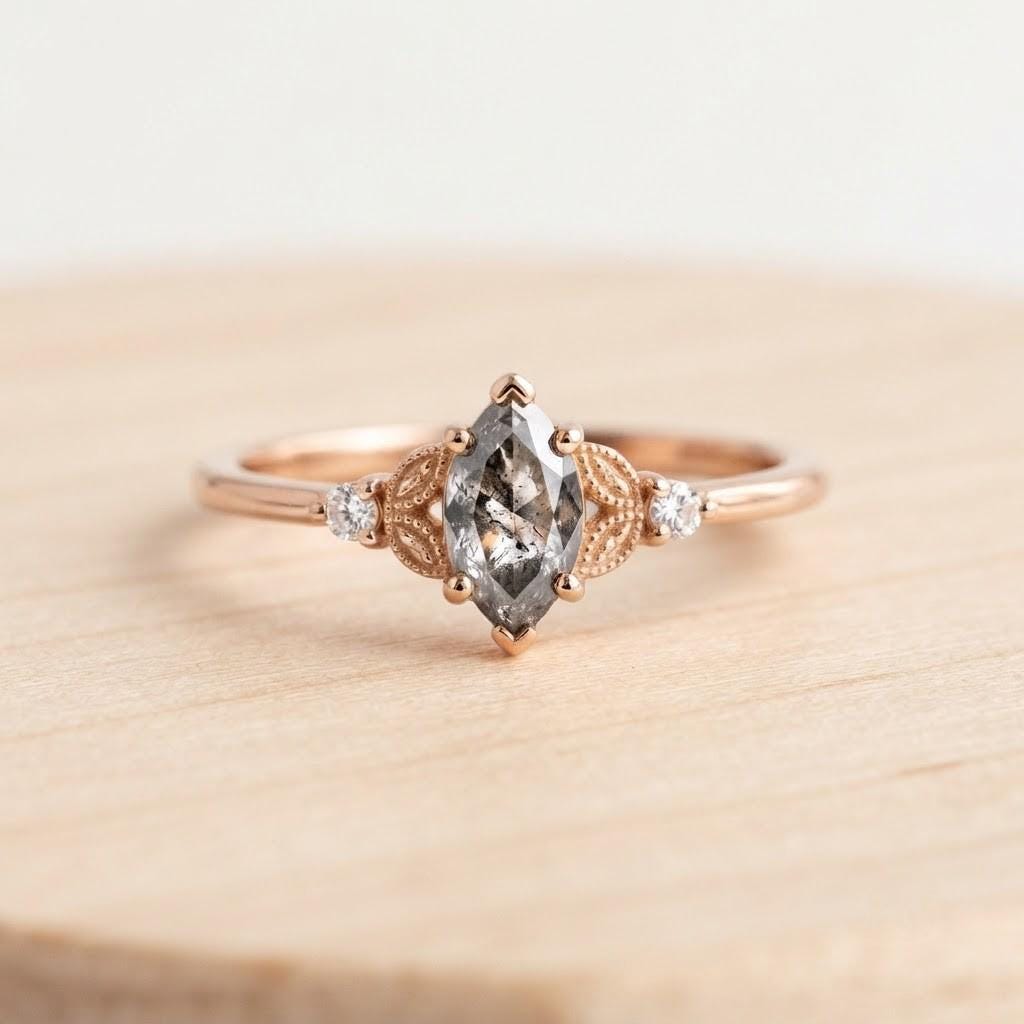 Marquise Salt and Pepper Diamond Ring, Filigree Three Stone, 9K 14K 18K Solid Gold - view 4