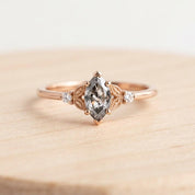 Marquise Salt and Pepper Diamond Ring, Filigree Three Stone, 9K 14K 18K Solid Gold - view 4