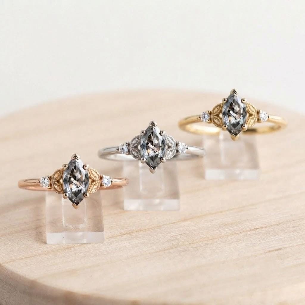 Marquise Salt and Pepper Diamond Ring, Filigree Three Stone, 9K 14K 18K Solid Gold - view 5