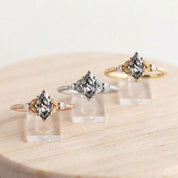 Marquise Salt and Pepper Diamond Ring, Filigree Three Stone, 9K 14K 18K Solid Gold - view 5