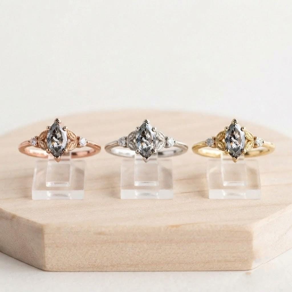 Marquise Salt and Pepper Diamond Ring, Filigree Three Stone, 9K 14K 18K Solid Gold - view 6