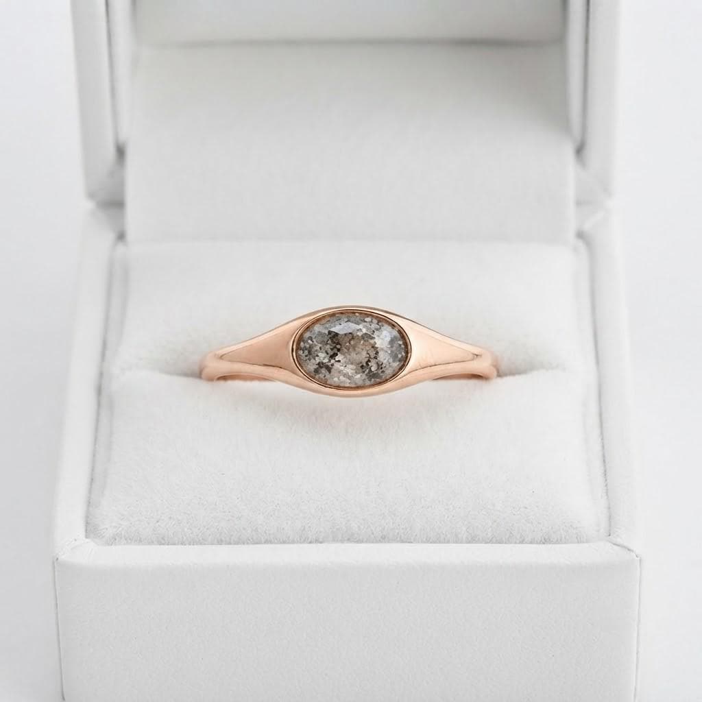 Oval Salt and Pepper Diamond Signet Ring, Bezel Set, 9K 14K 18K Solid Gold