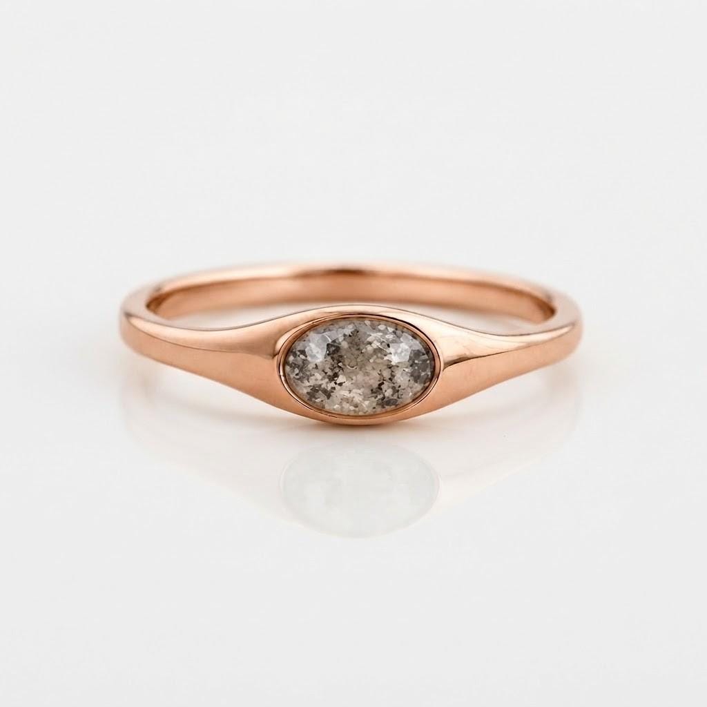 Oval Salt and Pepper Diamond Signet Ring, Bezel Set, 9K 14K 18K Solid Gold - view 2