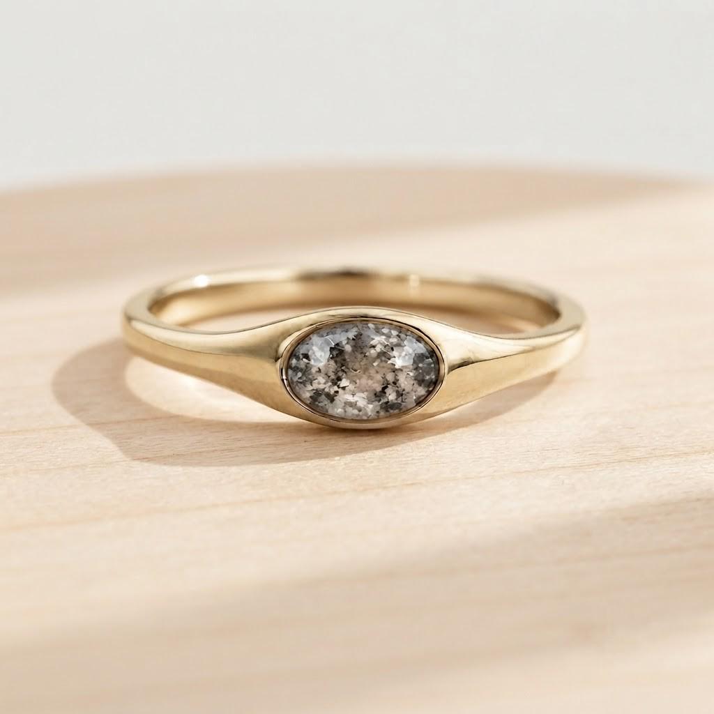 Oval Salt and Pepper Diamond Signet Ring, Bezel Set, 9K 14K 18K Solid Gold - view 3