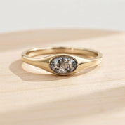 Oval Salt and Pepper Diamond Signet Ring, Bezel Set, 9K 14K 18K Solid Gold - view 3
