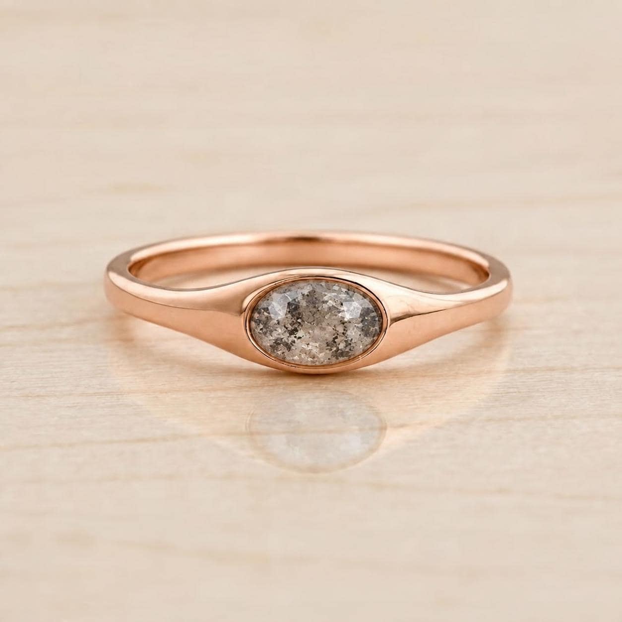 Oval Salt and Pepper Diamond Signet Ring, Bezel Set, 9K 14K 18K Solid Gold - view 4