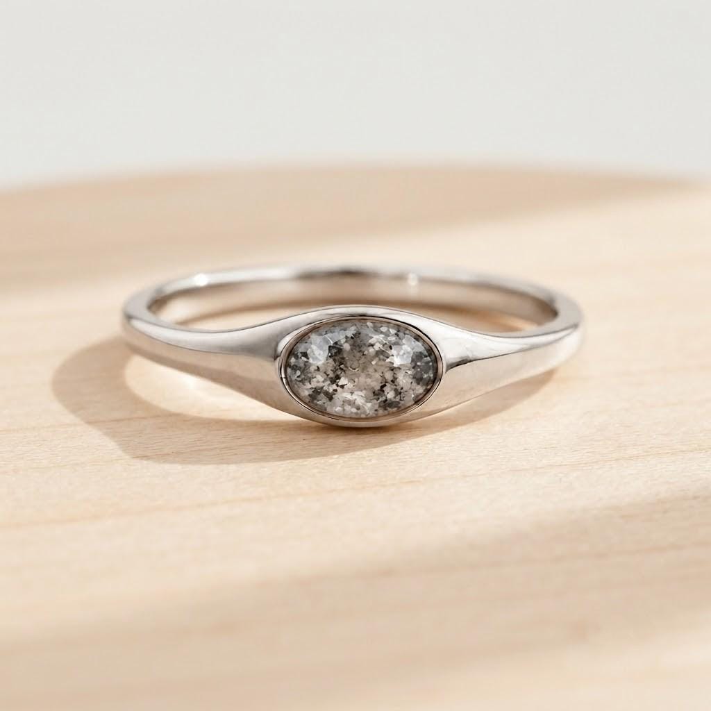 Oval Salt and Pepper Diamond Signet Ring, Bezel Set, 9K 14K 18K Solid Gold - view 5