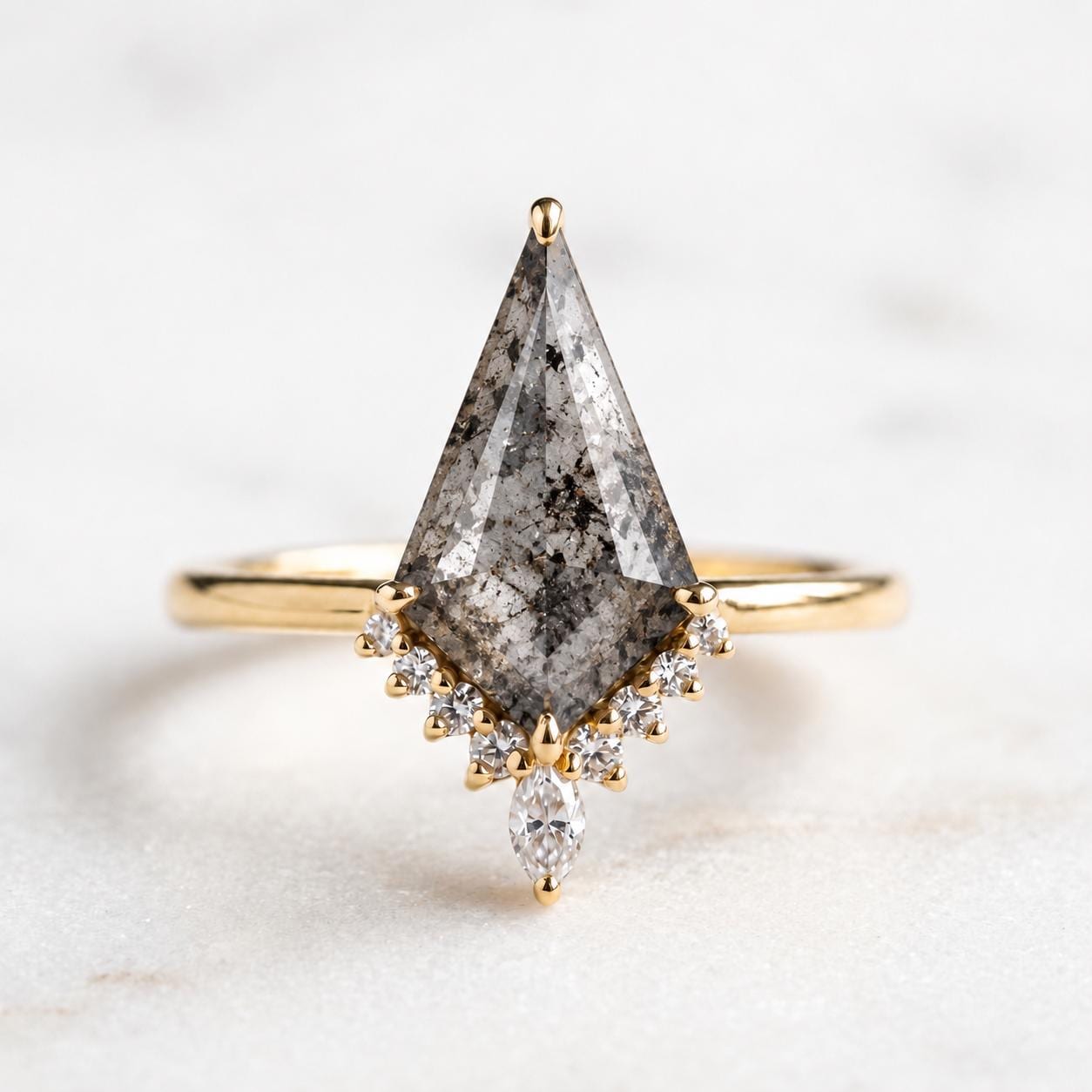 Kite Salt and Pepper Diamond Engagement Ring, Diamond Cluster, 9K 14K 18K Solid Gold