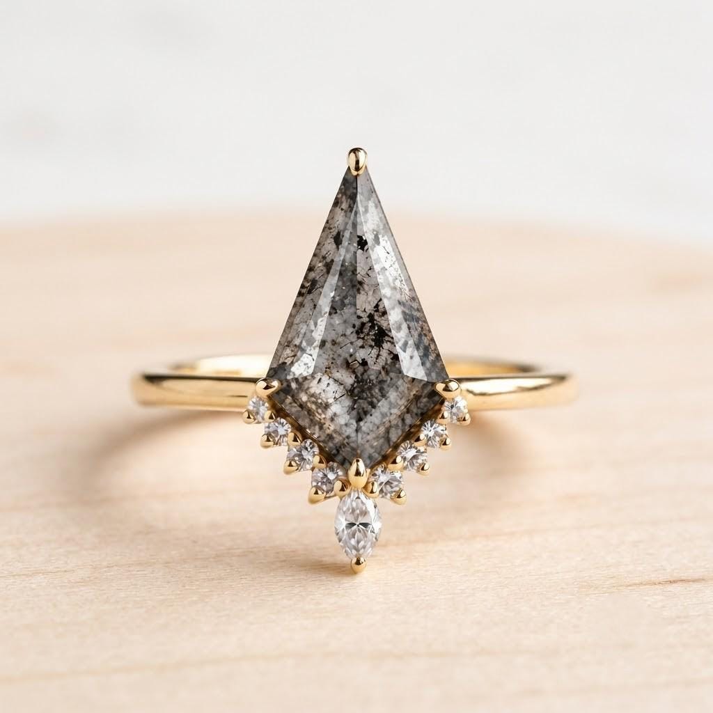 Kite Salt and Pepper Diamond Engagement Ring, Diamond Cluster, 9K 14K 18K Solid Gold - view 2