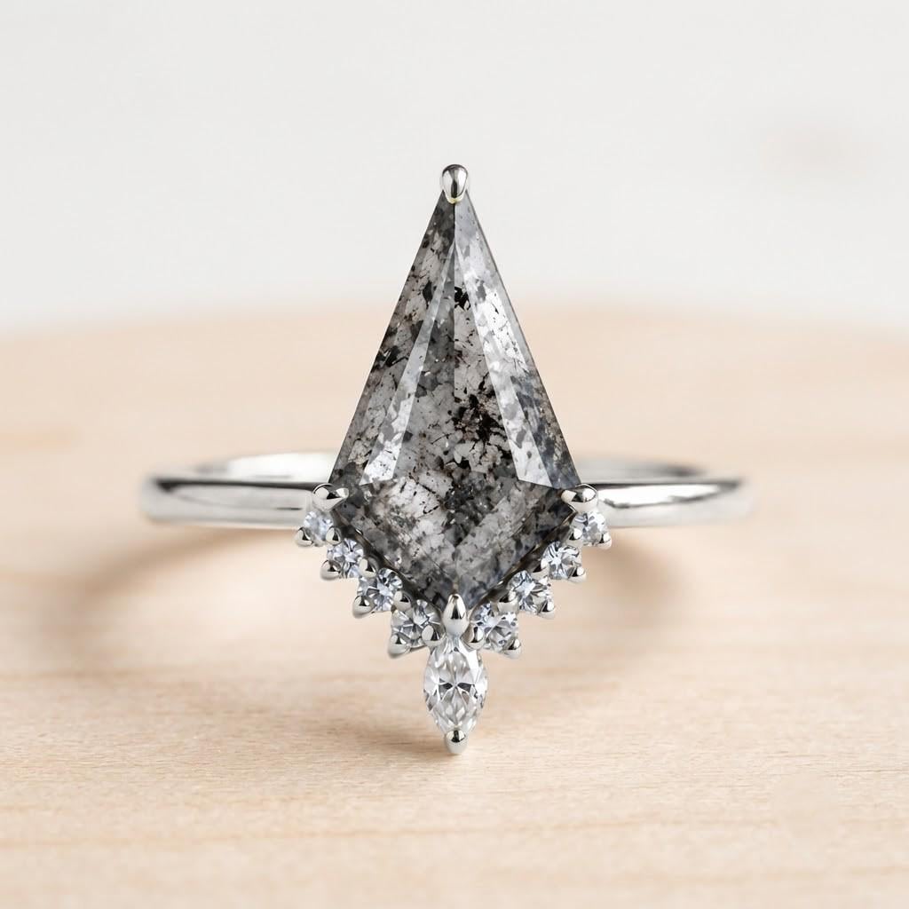 Kite Salt and Pepper Diamond Engagement Ring, Diamond Cluster, 9K 14K 18K Solid Gold - view 3
