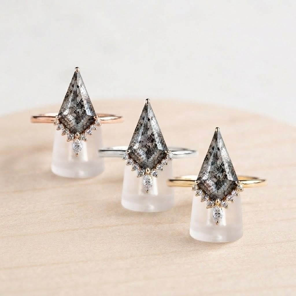 Kite Salt and Pepper Diamond Engagement Ring, Diamond Cluster, 9K 14K 18K Solid Gold - view 5