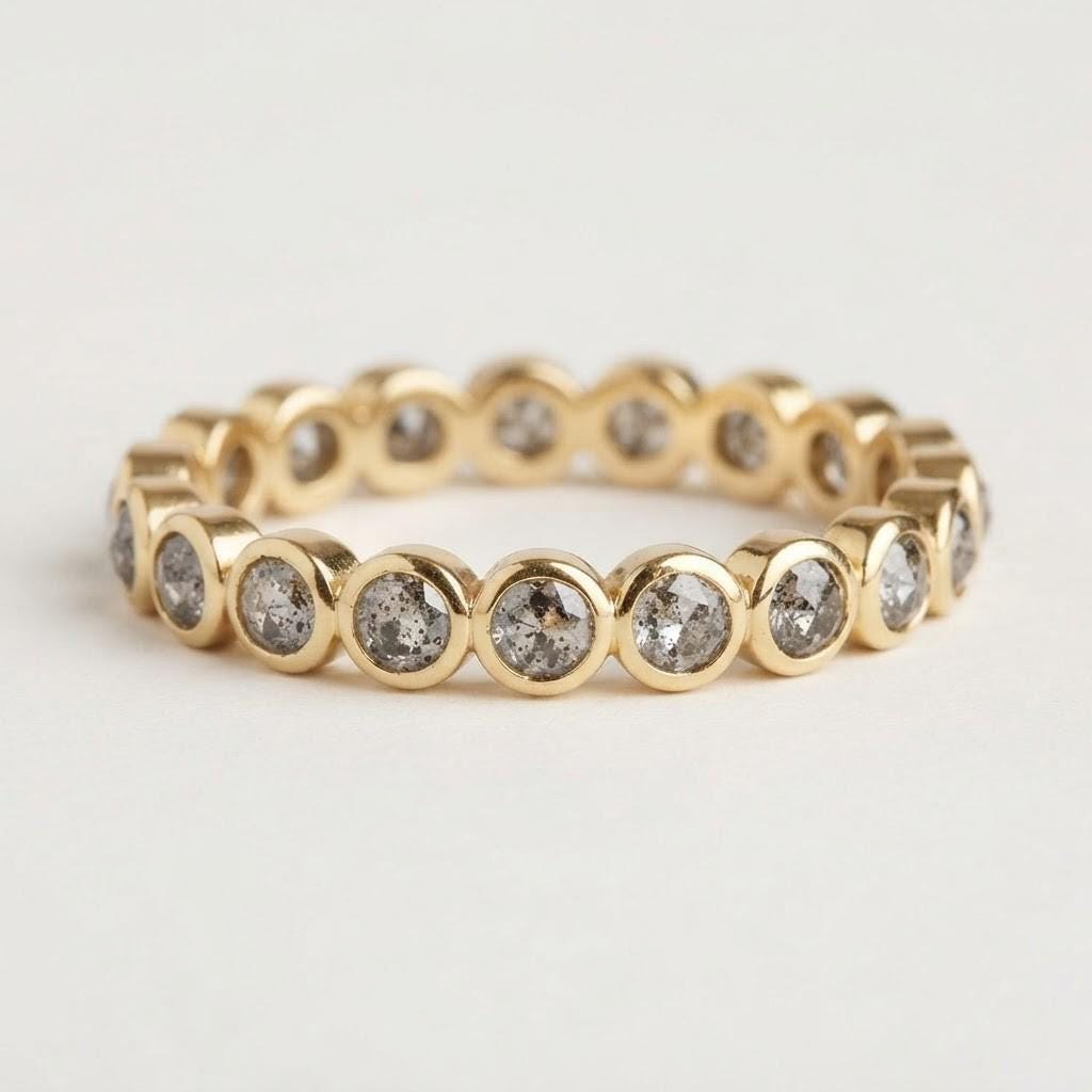 Rustic Gray Salt And Pepper Diamond Wedding Band, Solid Gold Bezel Eternity Minimalist Stackable