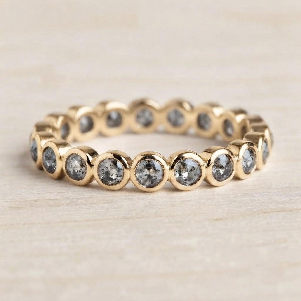 Rustic Gray Salt And Pepper Diamond Wedding Band, Solid Gold Bezel Eternity Minimalist Stackable - view 2