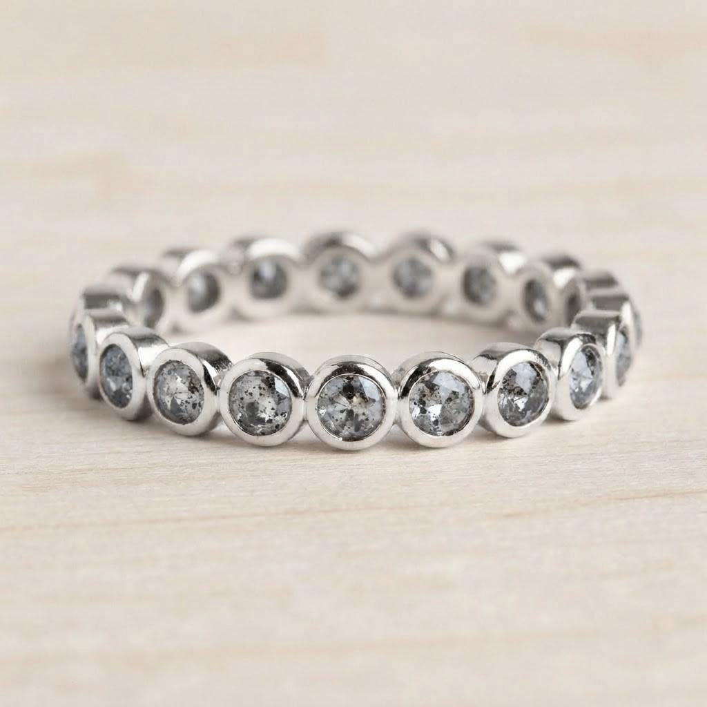 Rustic Gray Salt And Pepper Diamond Wedding Band, Solid Gold Bezel Eternity Minimalist Stackable - view 3