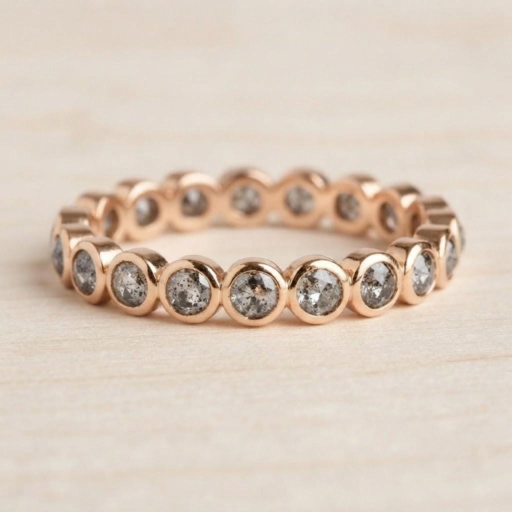 Rustic Gray Salt And Pepper Diamond Wedding Band, Solid Gold Bezel Eternity Minimalist Stackable - view 4