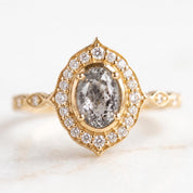 Oval Gray Salt And Pepper Rustic Diamond Promise Ring,Gold Filigree Milgrain Statement Antique Art Deco
