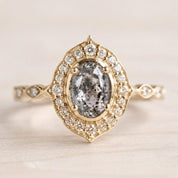 Oval Gray Salt And Pepper Rustic Diamond Promise Ring,Gold Filigree Milgrain Statement Antique Art Deco - view 2