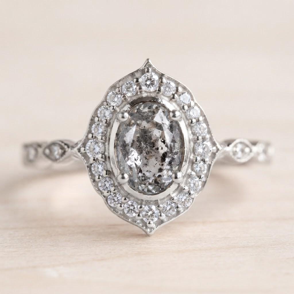 Oval Gray Salt And Pepper Rustic Diamond Promise Ring,Gold Filigree Milgrain Statement Antique Art Deco - view 3