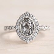 Oval Gray Salt And Pepper Rustic Diamond Promise Ring,Gold Filigree Milgrain Statement Antique Art Deco - view 3
