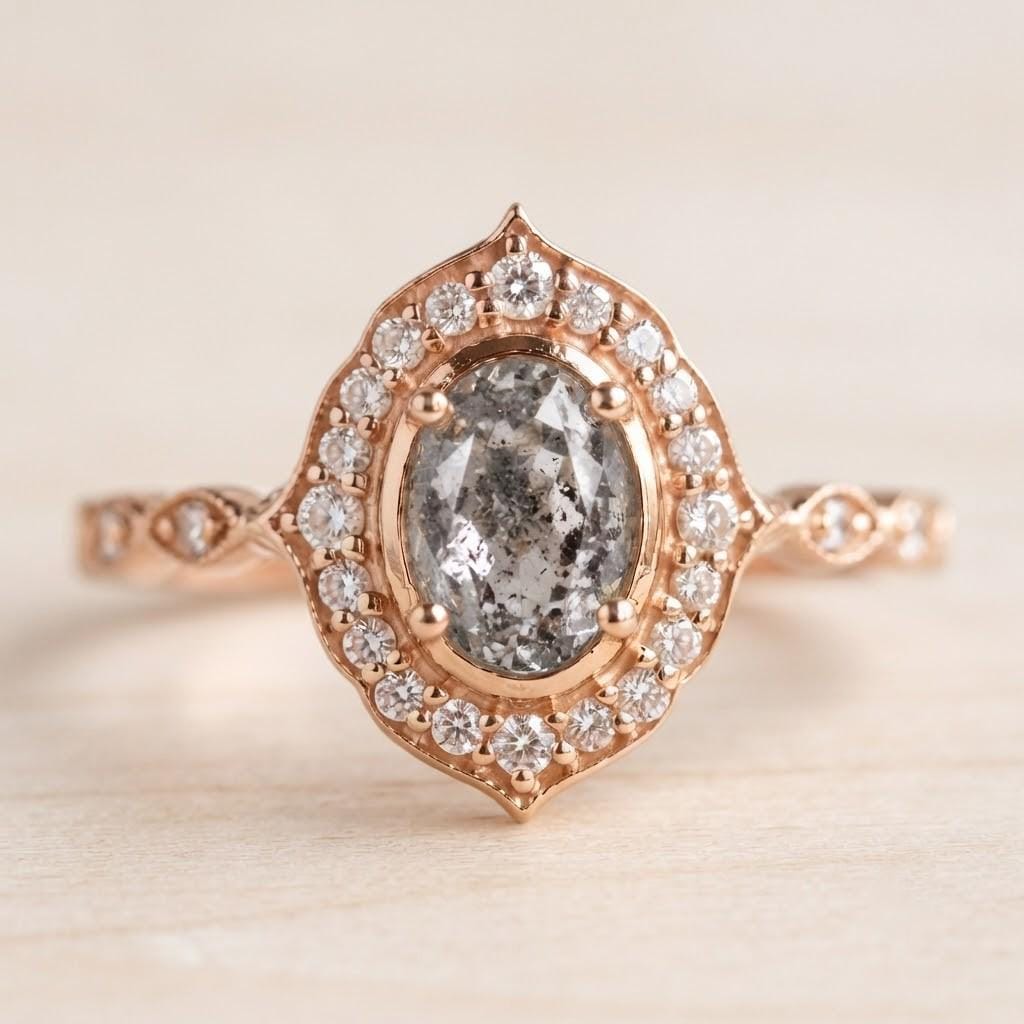 Oval Gray Salt And Pepper Rustic Diamond Promise Ring,Gold Filigree Milgrain Statement Antique Art Deco - view 4