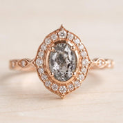 Oval Gray Salt And Pepper Rustic Diamond Promise Ring,Gold Filigree Milgrain Statement Antique Art Deco - view 4