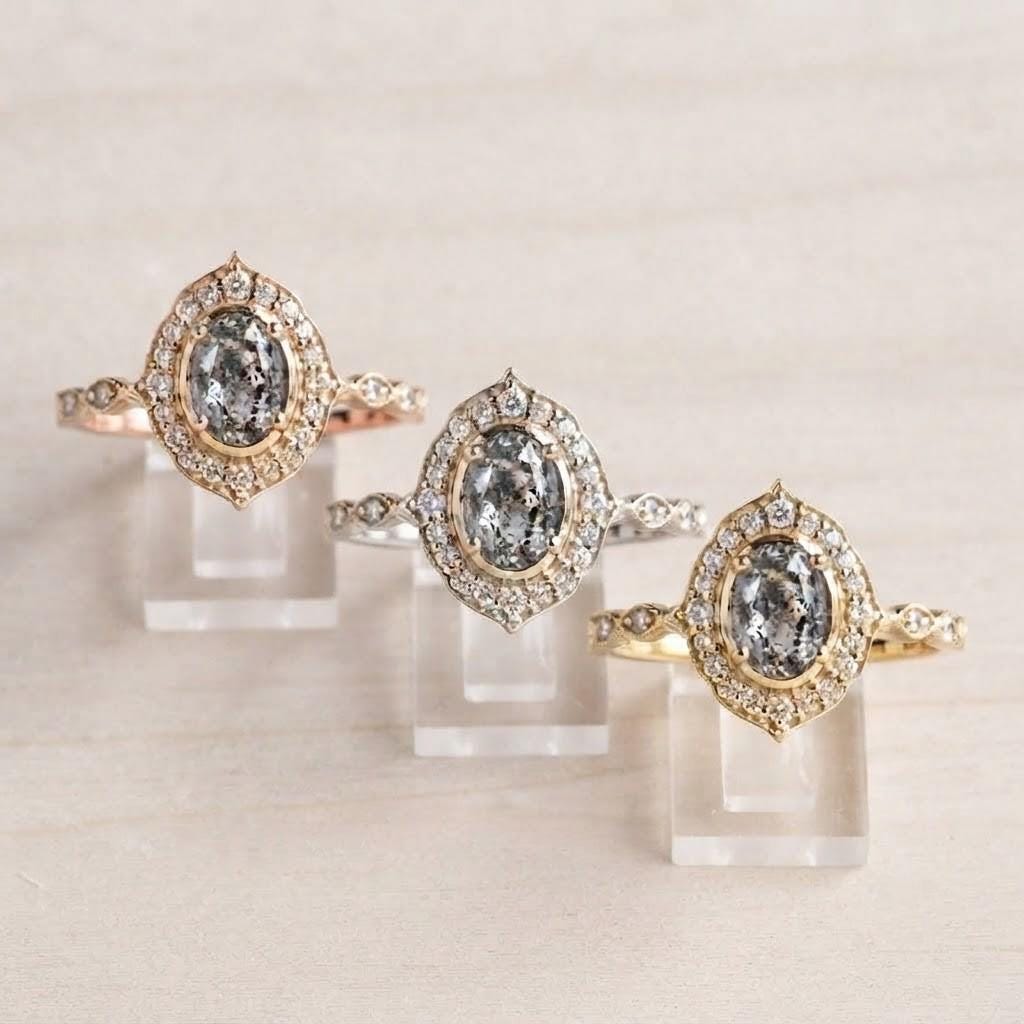 Oval Gray Salt And Pepper Rustic Diamond Promise Ring,Gold Filigree Milgrain Statement Antique Art Deco - view 5