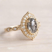 Oval Gray Salt And Pepper Rustic Diamond Promise Ring,Gold Filigree Milgrain Statement Antique Art Deco - view 6