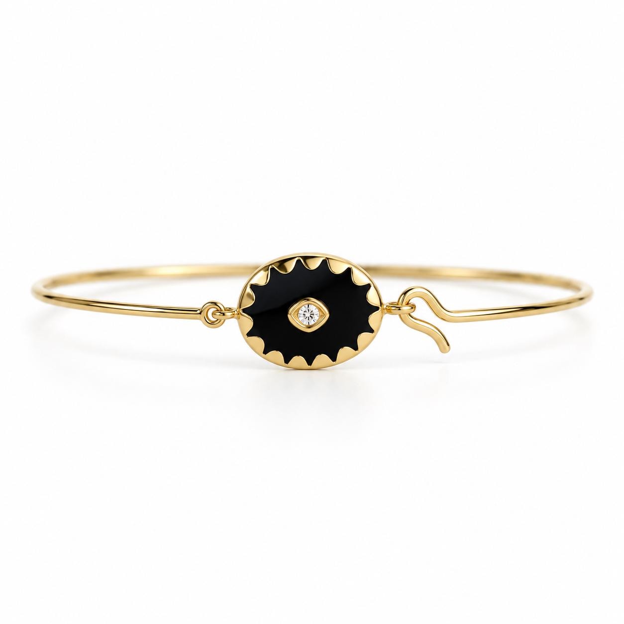 Black Onyx Diamond Cuff Bangle, 3mm Center Diamond, Solid Gold Bracelet