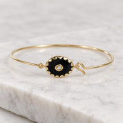 Black Onyx Diamond Cuff Bangle, 3mm Center Diamond, Solid Gold Bracelet - view 2