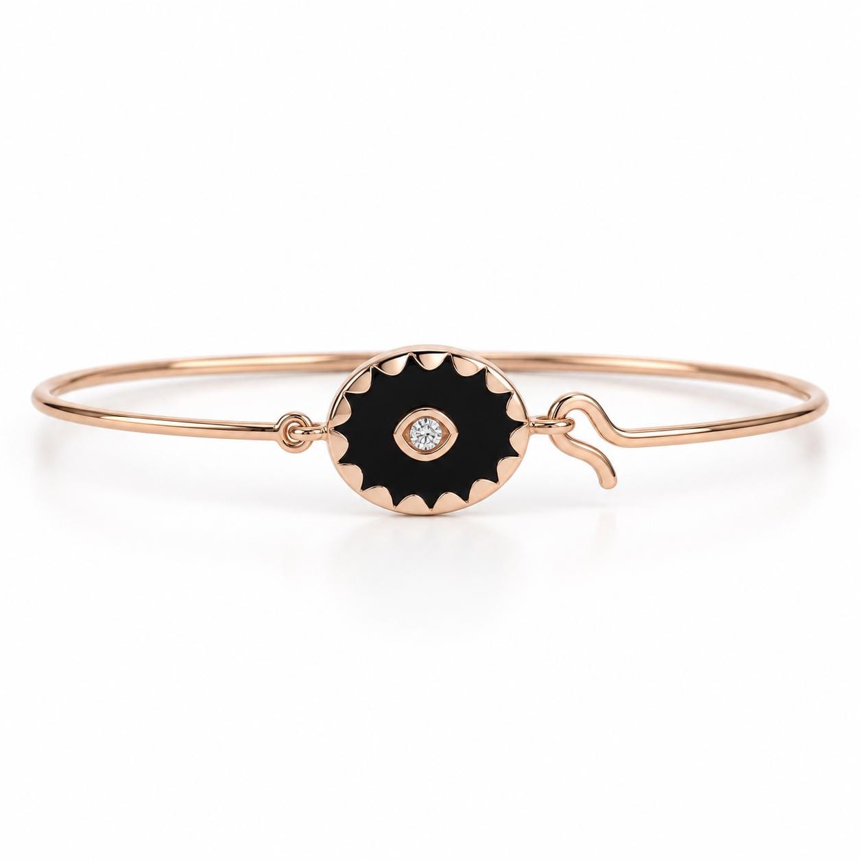 Black Onyx Diamond Cuff Bangle, 3mm Center Diamond, Solid Gold Bracelet - view 3