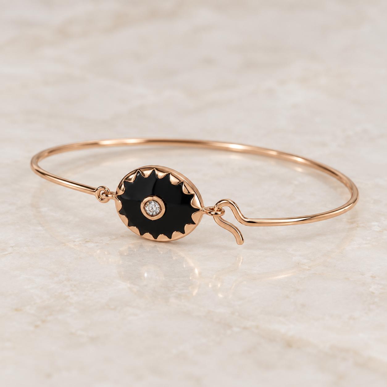 Black Onyx Diamond Cuff Bangle, 3mm Center Diamond, Solid Gold Bracelet - view 4