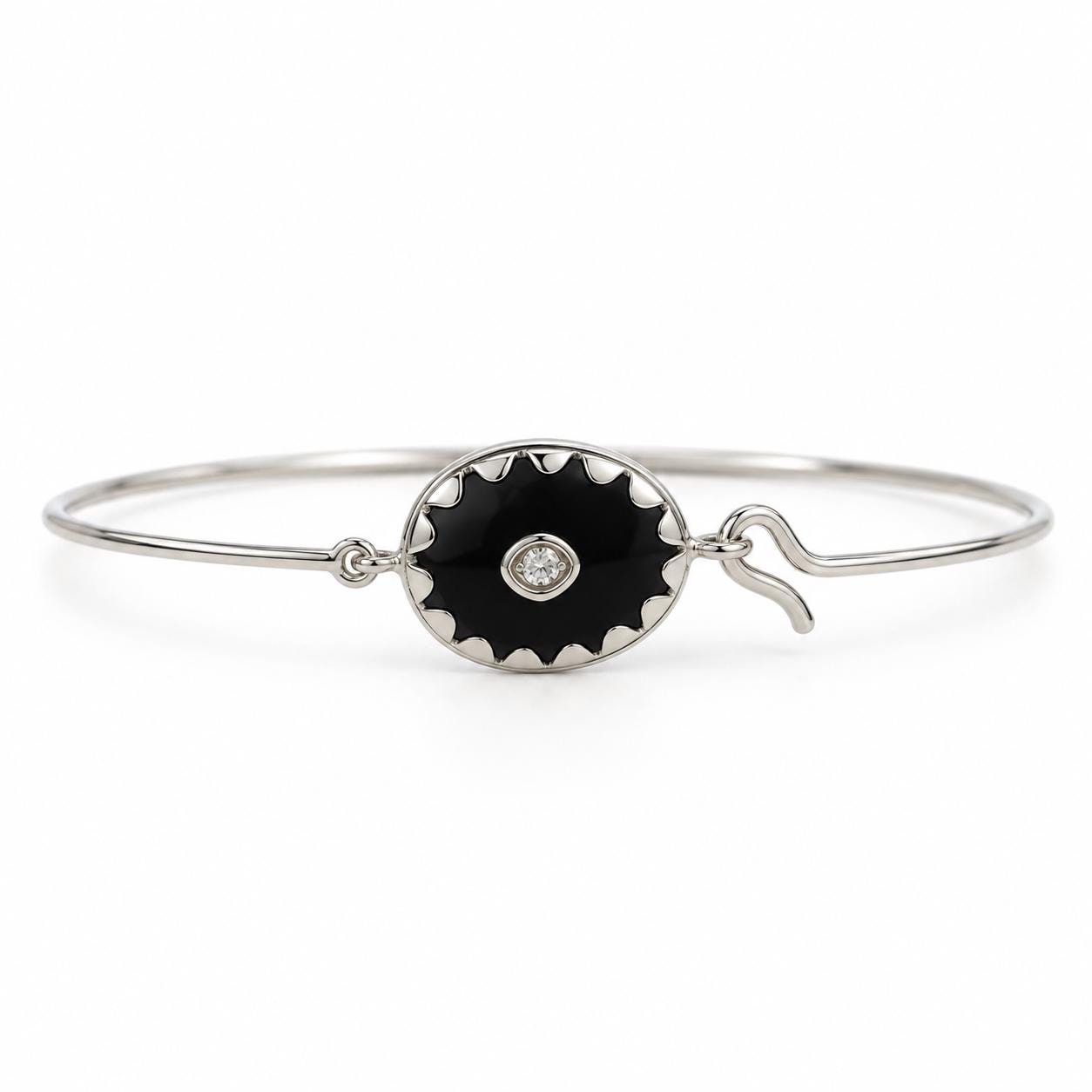 Black Onyx Diamond Cuff Bangle, 3mm Center Diamond, Solid Gold Bracelet - view 5