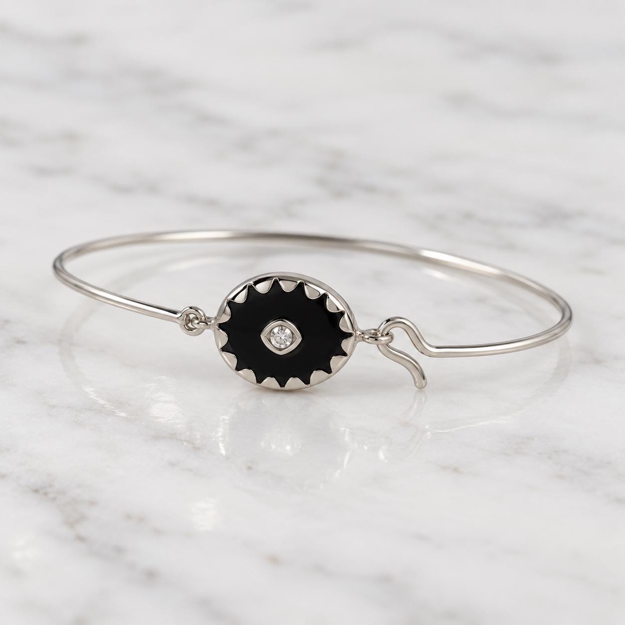 Black Onyx Diamond Cuff Bangle, 3mm Center Diamond, Solid Gold Bracelet - view 6