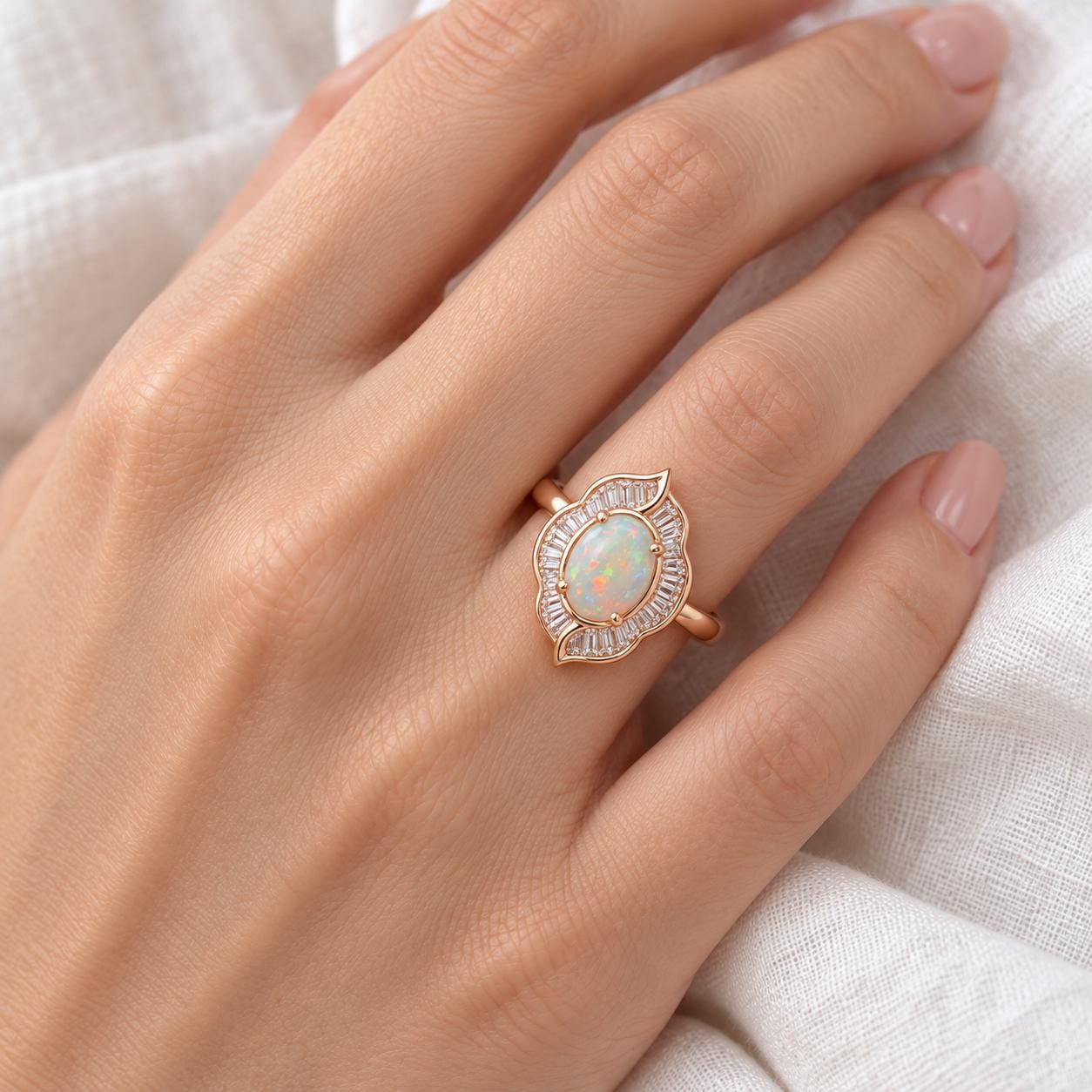 Australian Opal Engagement Ring, 2 CT Oval, Baguette Diamond Halo, 14K Gold Floral Art Deco