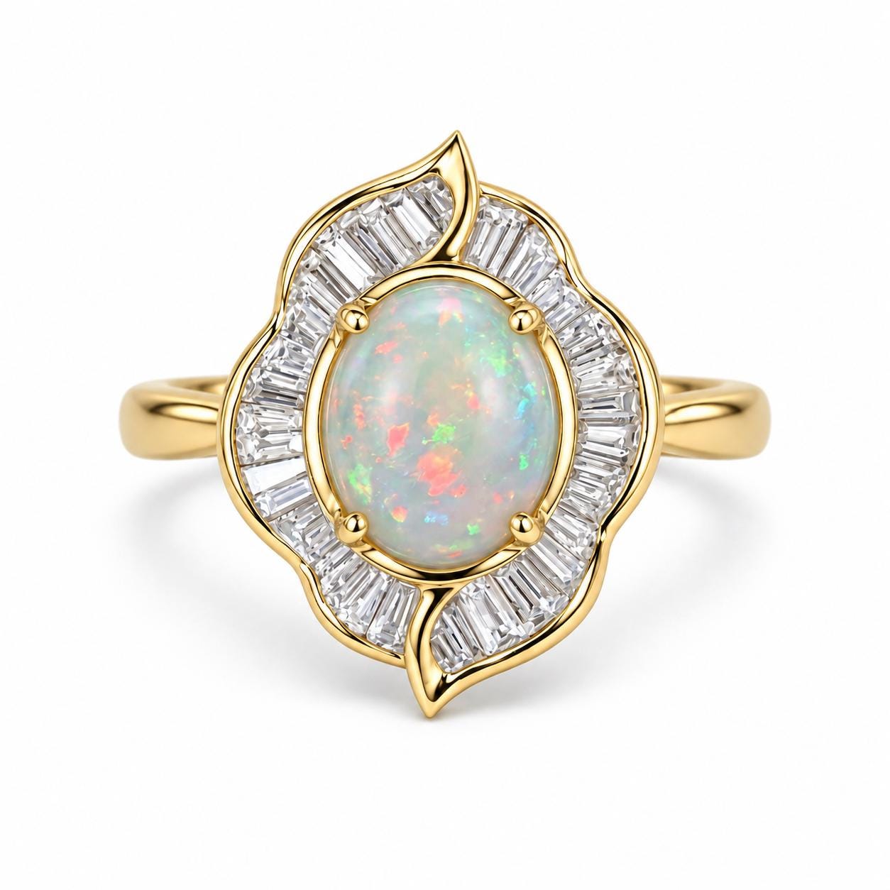 Australian Opal Engagement Ring, 2 CT Oval, Baguette Diamond Halo, 14K Gold Floral Art Deco - view 2