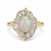 Australian Opal Engagement Ring, 2 CT Oval, Baguette Diamond Halo, 14K Gold Floral Art Deco - view 2