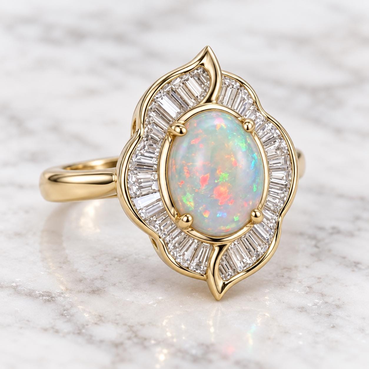Australian Opal Engagement Ring, 2 CT Oval, Baguette Diamond Halo, 14K Gold Floral Art Deco - view 3