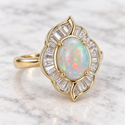Australian Opal Engagement Ring, 2 CT Oval, Baguette Diamond Halo, 14K Gold Floral Art Deco - view 3