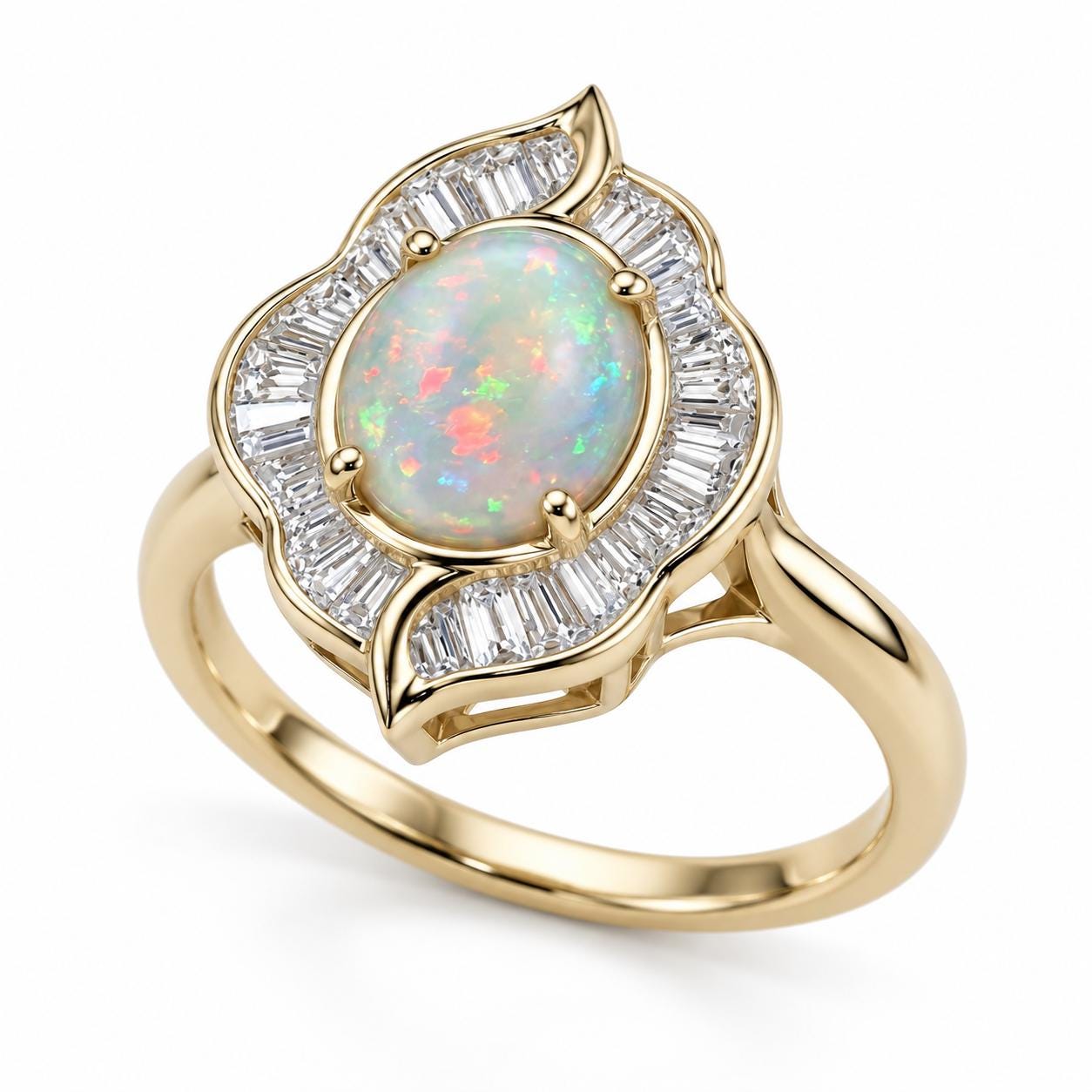Australian Opal Engagement Ring, 2 CT Oval, Baguette Diamond Halo, 14K Gold Floral Art Deco - view 4