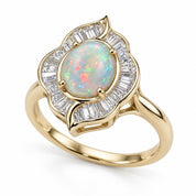 Australian Opal Engagement Ring, 2 CT Oval, Baguette Diamond Halo, 14K Gold Floral Art Deco - view 4