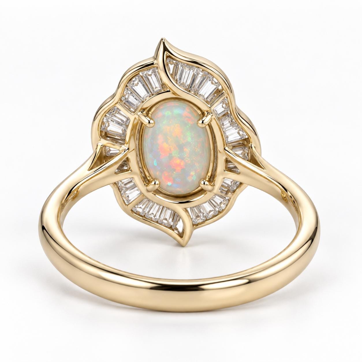 Australian Opal Engagement Ring, 2 CT Oval, Baguette Diamond Halo, 14K Gold Floral Art Deco - view 5