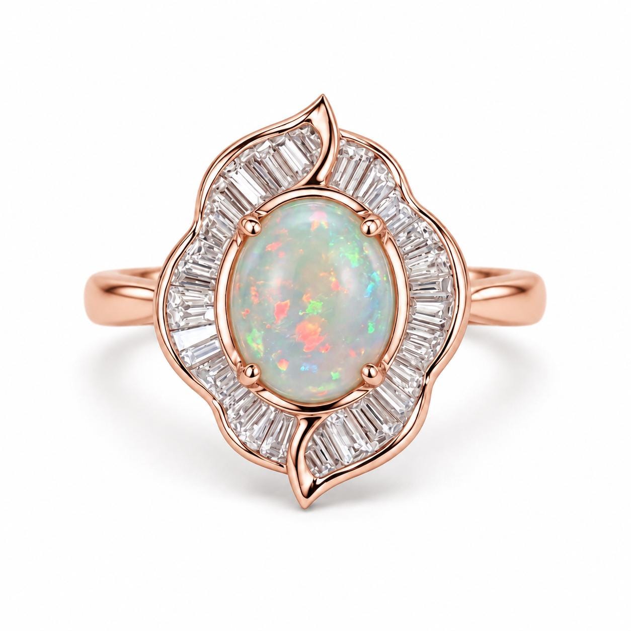 Australian Opal Engagement Ring, 2 CT Oval, Baguette Diamond Halo, 14K Gold Floral Art Deco - view 6