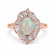 Australian Opal Engagement Ring, 2 CT Oval, Baguette Diamond Halo, 14K Gold Floral Art Deco - view 6