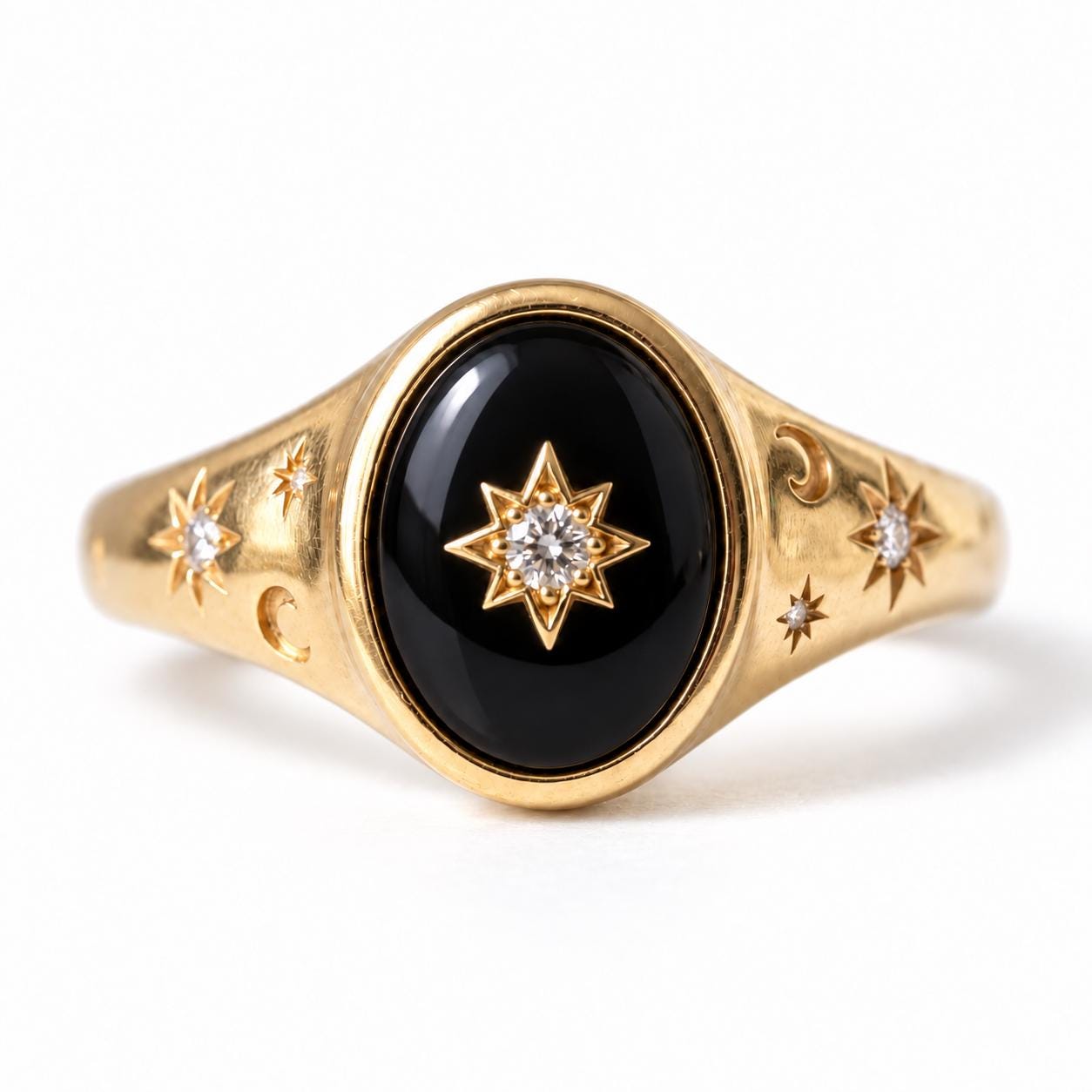Handcrafted Celestial Signet Ring, Black Onyx, Diamond Starburst, 9K 18K Gold